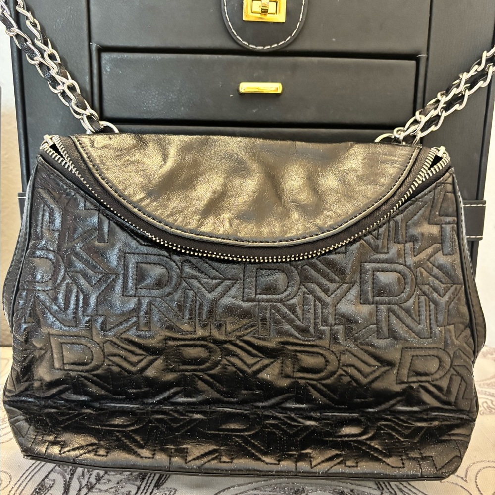 DKNY Shiny Black Logo Shoulder Bag